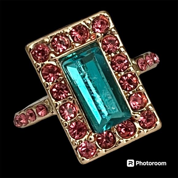 Rose Gold Crystal Cocktail Ring Pink Aqua Blue Princess Cut Size 6 Plated - Picture 2 of 14